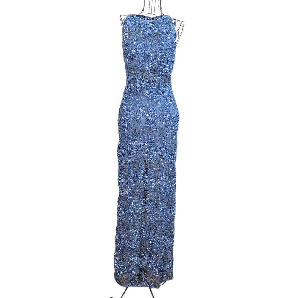 SHO by Tadashi Shoji Blue Illusion Lace Gown Size 4 Floral Sequin Formal Dress